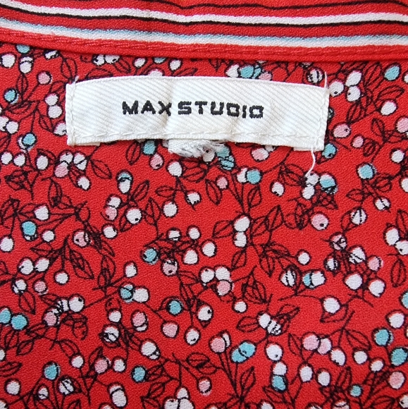 Max Studio Red White & Turquoise Button Down V Neck Flowy Blouse - Picture 8 of 10